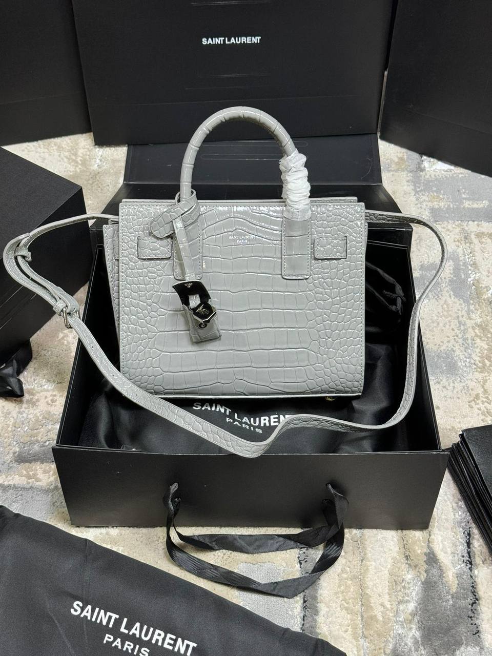 SANT LAURENTeSaece De Jour nano croc-effect leather tote Luxury Crocodile Goat Leather Tote Bag su0711