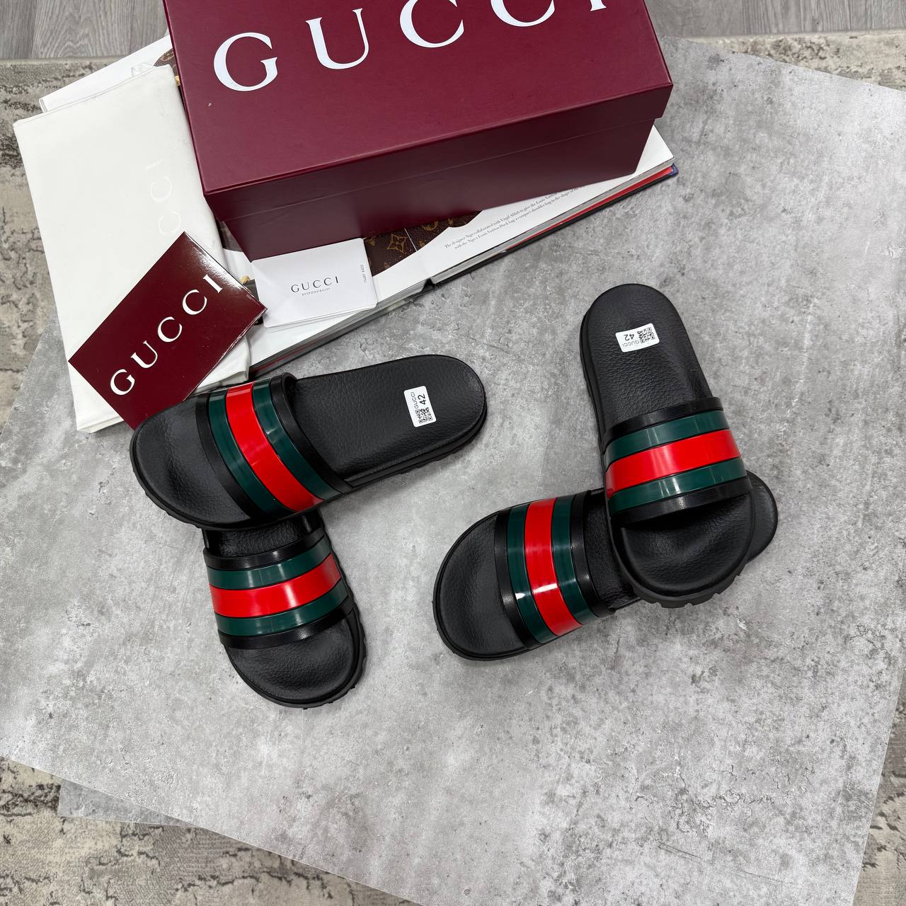 SUPER CLON MEN'S GUCC SLIDE SANDAL WITH WEB WITH FULL PACKAGING ETC jay1405