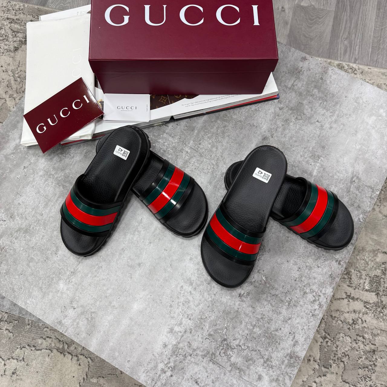SUPER CLON MEN'S GUCC SLIDE SANDAL WITH WEB WITH FULL PACKAGING ETC jay1405