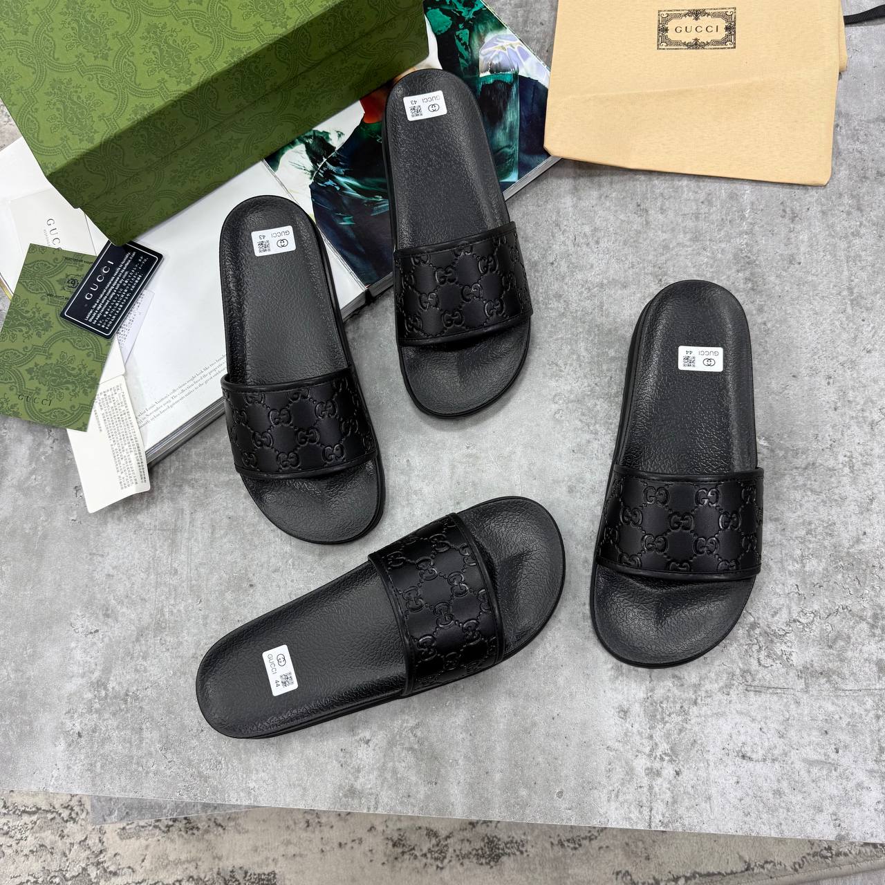 SUPER CLON MEN'S GUCC SLIDE SLIDERS WITH FULL PACKAGING ETC jay2905